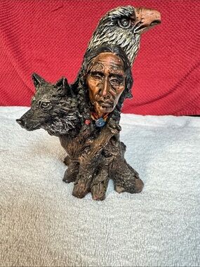 Native Chief , Bald Eagle and Wolf Statue Figurine-